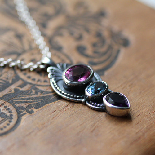 Swiss Blue Topaz, Pink Topaz and Amethyst Multi Stone Pendant in Sterling Silver, Hera