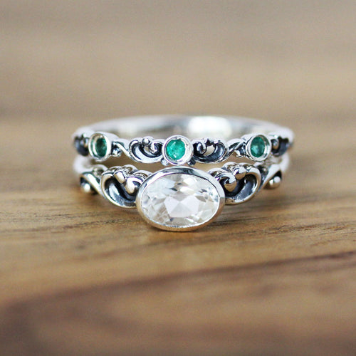 Oval Water Bridal Set with White Topaz and Emeralds