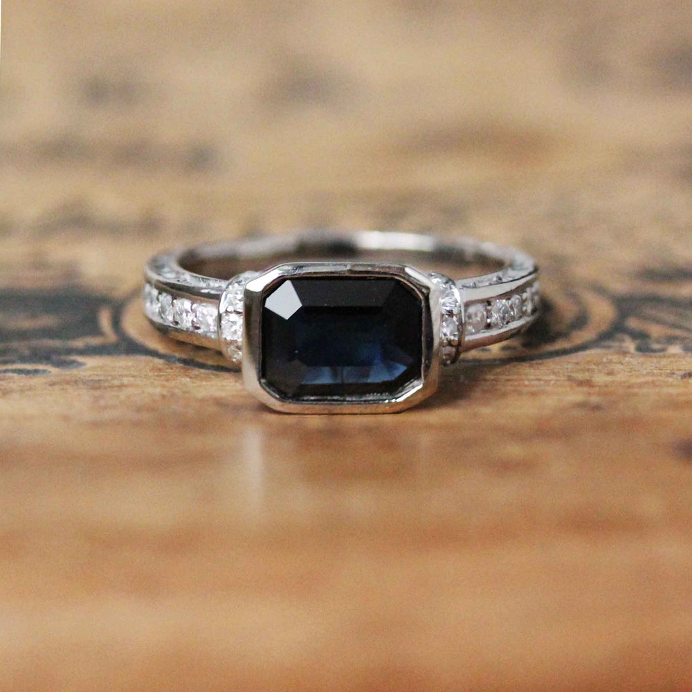 Engraved Sapphire and Diamond Ring