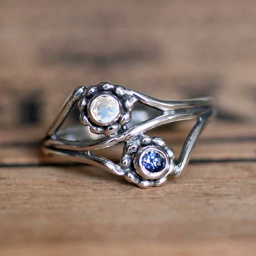 Birthstone Duo Ring, Couples Ring Silver