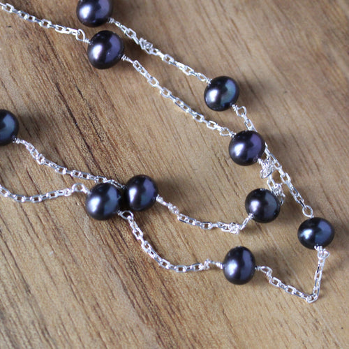 Delicate Black Pearl Station Necklace, Sterling Silver