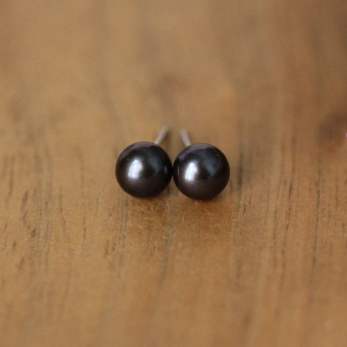 Black Pearl Stud Earrings, Sterling Silver