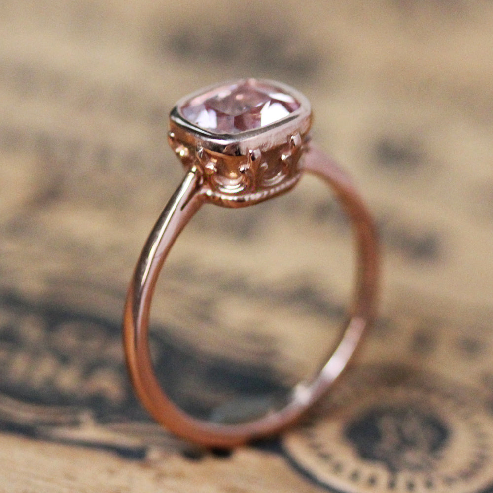 Rose gold vintage style ring with pale pink cushion morganite.