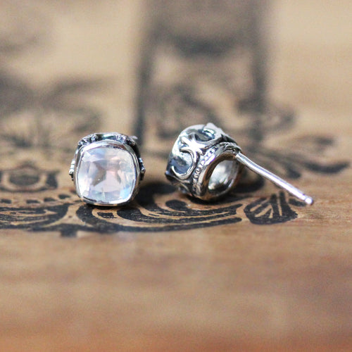 sterling silver moonstone stud earrings with filigree detail