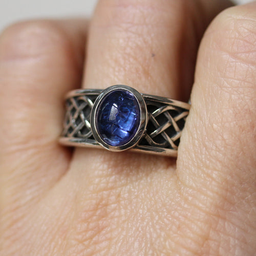 Mens celtic tanzanite cabochon ring, sterling silver, size 12