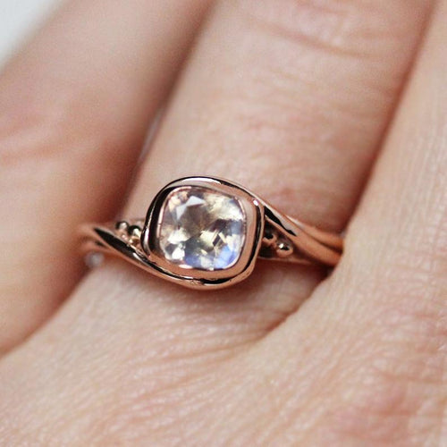 Rose Gold Moonstone Engagement Ring, Cushion Pirouette
