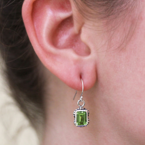 Emerald Cut Peridot Earrings, Silver Vintage Flower