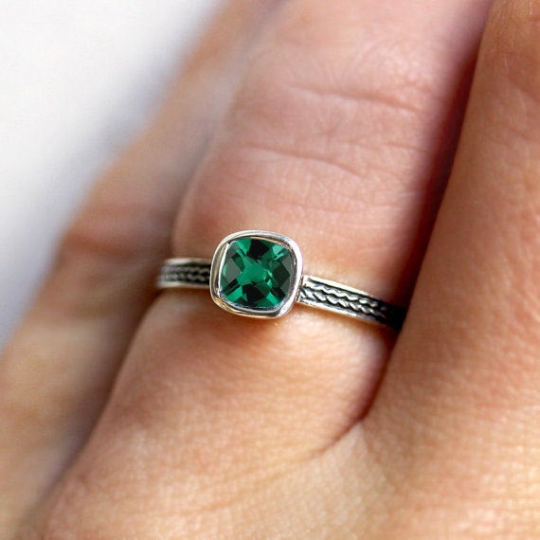 Imitation Emerald Cushion Cut Braid Engagement Ring
