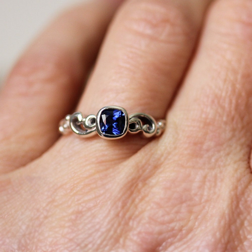 Dainty Cushion Sapphire ring, Water Dream