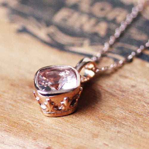 Rose gold vintage style pendant with pale pink cushion morganite gemstone.