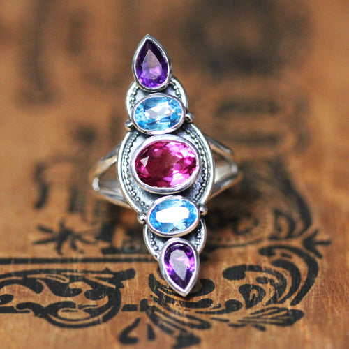 Swiss Blue Topaz, Pink Topaz and Amethyst Multi Stone Ring in Sterling Silver, Hera
