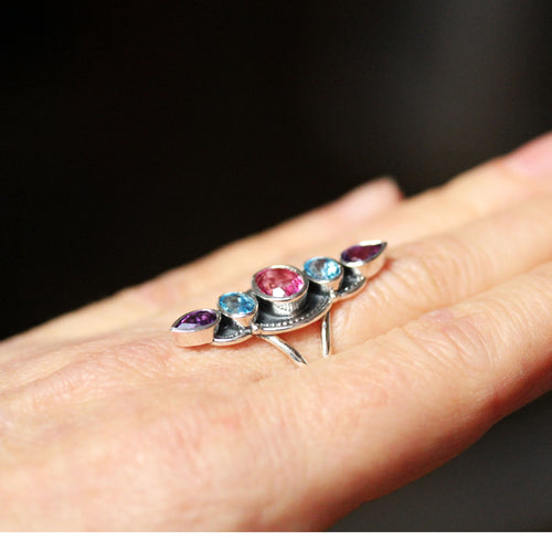 Swiss Blue Topaz, Pink Topaz and Amethyst Multi Stone Ring in Sterling Silver, Hera