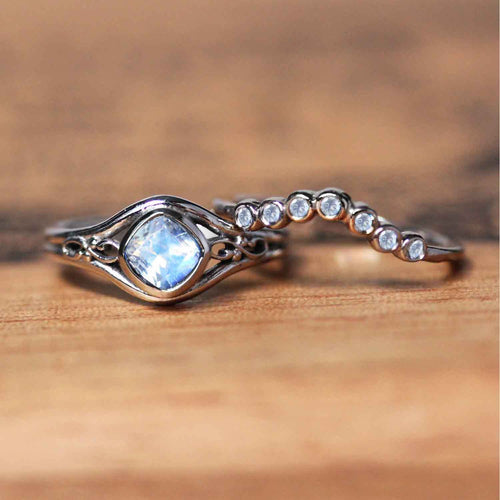 Rainbow Moonstone Ring with Moonstone Band, Sterling Silver