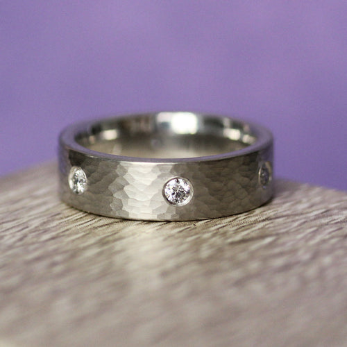 Hammered Diamond Silver Band