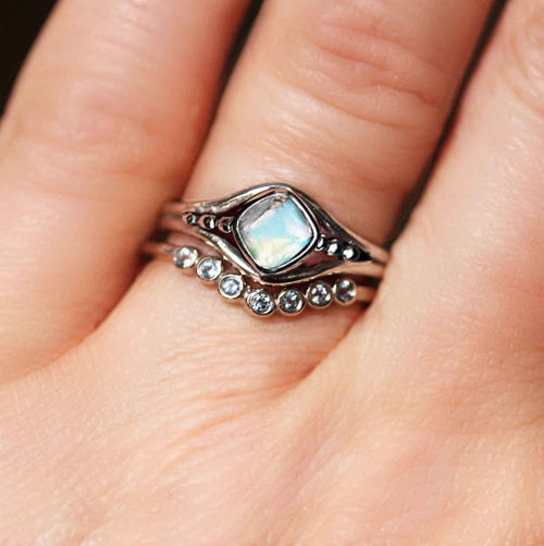 Rainbow Moonstone and Aquamarine Engagement Ring Set