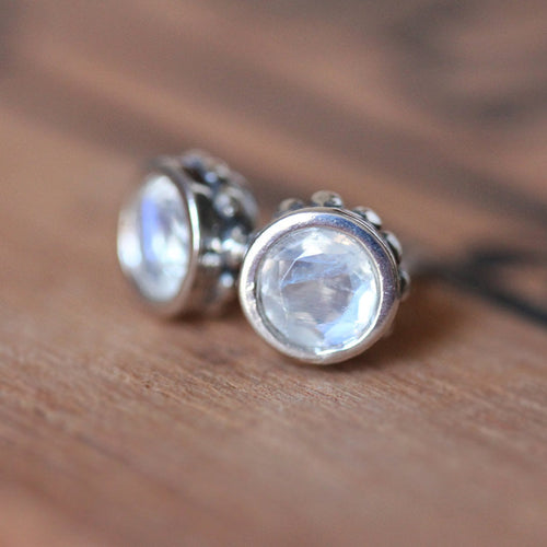 5mm round rainbow moonstone stud earrings in sterling silver with beading around the sides