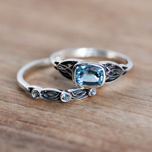 Silver Art Deco Engagement Ring Set Aquamarine