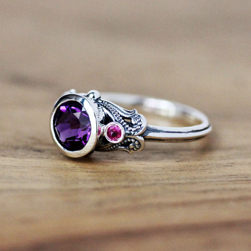 Phoenix Ring with Amethyst and Pink Tourmaline, Sterling Silver