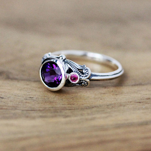 Phoenix Ring with Amethyst and Pink Tourmaline, Sterling Silver