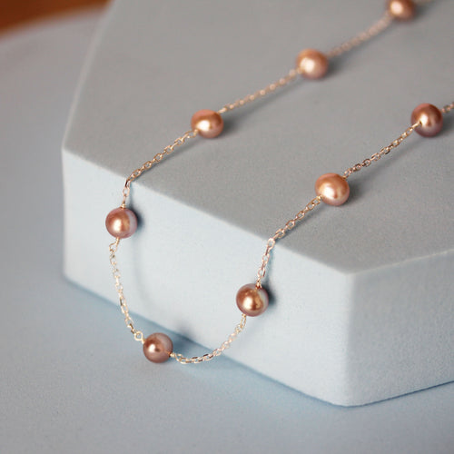 Delicate Pink Pearl Station Necklace, Sterling Silver