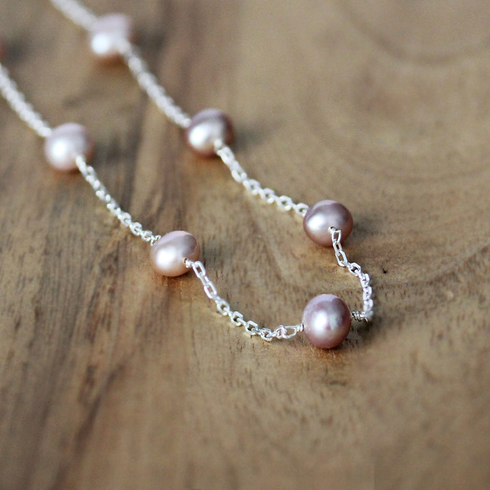 Delicate Pink Pearl Station Necklace, Sterling Silver