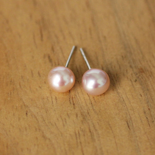 Pink Pearl Stud Earrings, Sterling Silver
