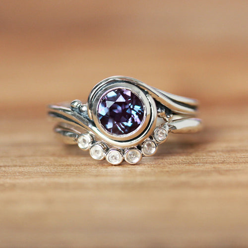 Alexandrite Engagement Ring Set with Moonstone Shadow Band