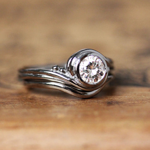 14k White Gold Moissanite Engagement Ring Set, Pirouette