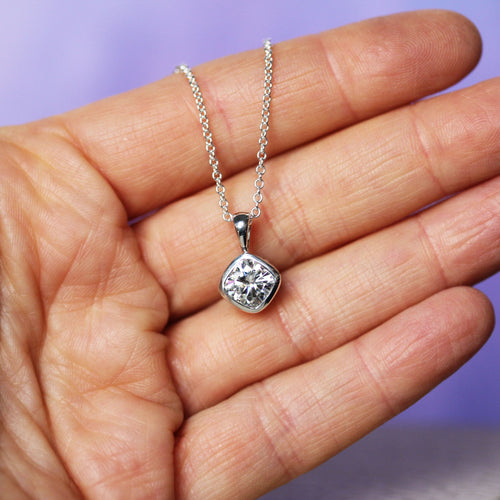 Moissanite Cushion Cut Poppyseed Necklace, Sterling Silver