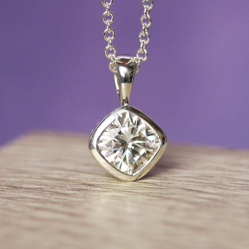 Moissanite Cushion Cut Poppyseed Necklace, Sterling Silver