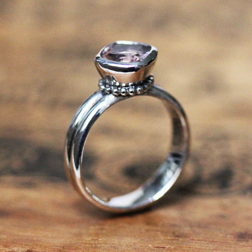 Cushion Pink Morganite ring, Poppyseed ring