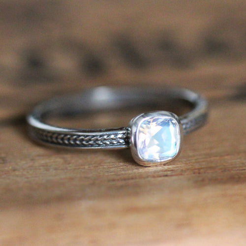 Rainbow Moonstone Stacking Ring Silver Wheat, Ready to Ship Size 6