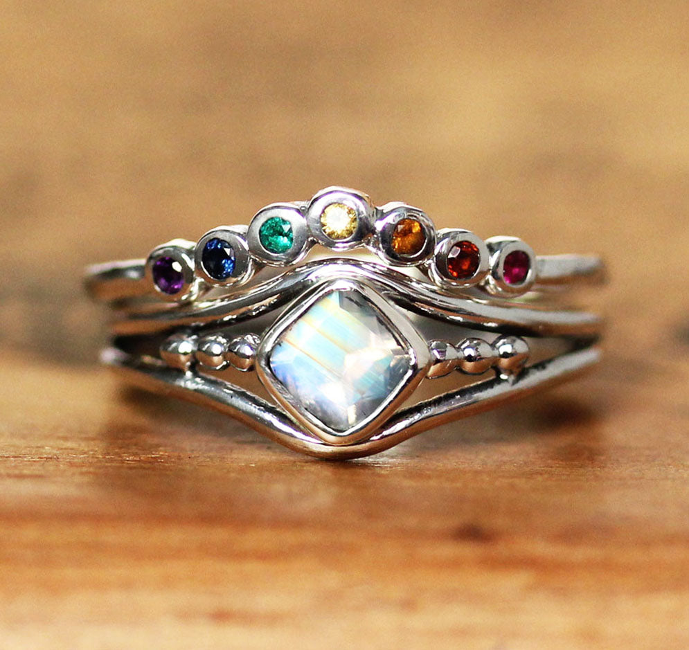 Rainbow Pride Moonstone Engagement Ring with Rainbow Shadow Band, Silver