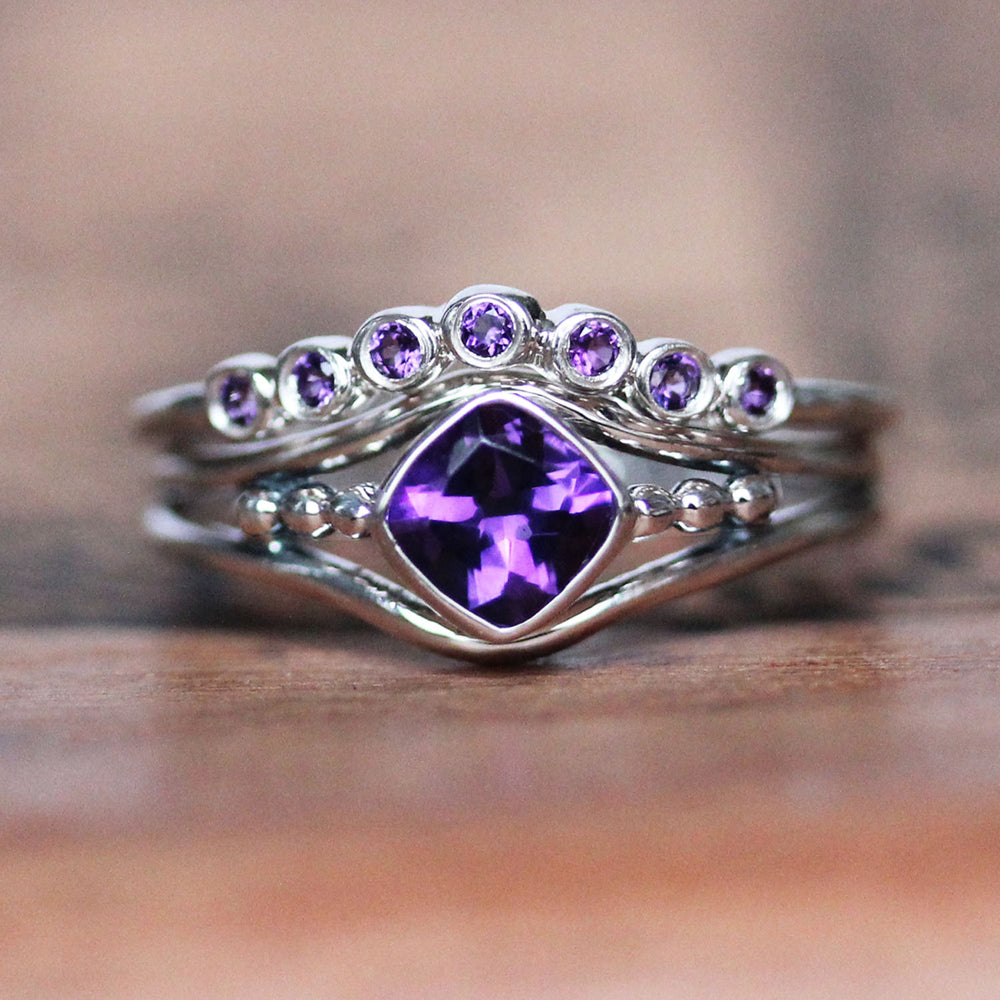 Close-up of handmade sterling silver ring set with amethyst from Metalicious