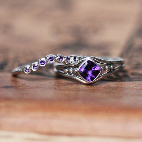 Sterling silver amethyst ring set from Metalicious stacked