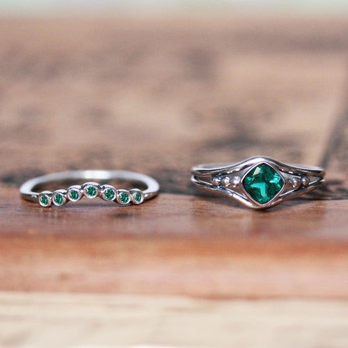 Sterling Silver Emerald Satellite Ring Set