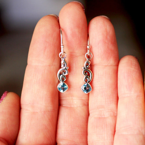 Blue Topaz Dangle Earrings, silver wave earrings