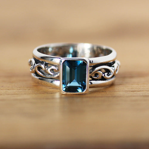 Unique Blue Topaz Emerald Cut Ring, Water Dream