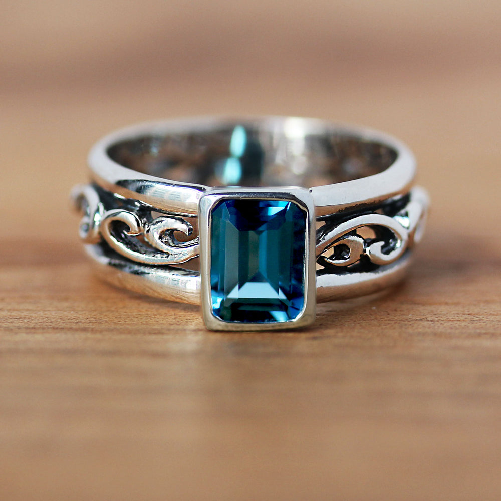 Unique Blue Topaz Emerald Cut Ring, Water Dream