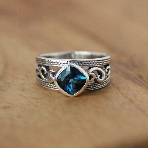 Blue Topaz Wide Silver Ring, Water Dream