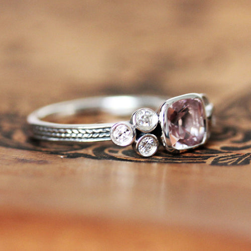 Morganite Cushion Ring with Moissanite Accents, Sterling Silver