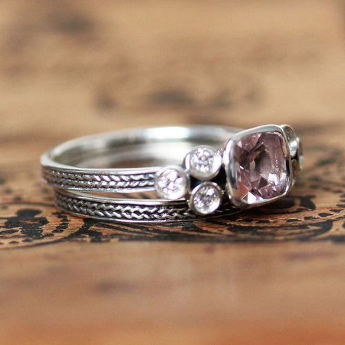 Morganite Ring Set with Moissanite Accents, Sterling Silver
