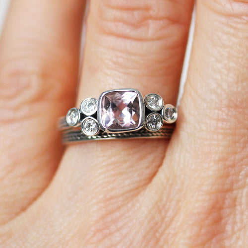 Morganite Ring Set with Moissanite Accents, Sterling Silver