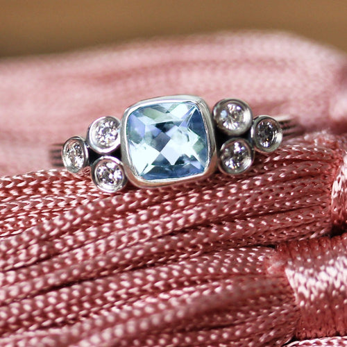 Aquamarine Cushion Ring with Moissanite Accents, Sterling Silver