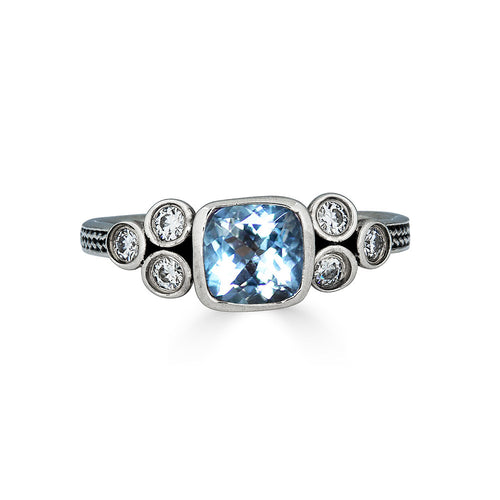 Aquamarine Cushion Ring with Moissanite Accents, Sterling Silver