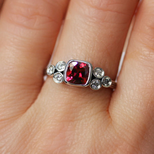 Ruby Cushion Ring with Moissanite Accents, Sterling Silver