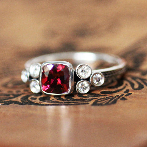 Ruby Cushion Ring with Moissanite Accents, Sterling Silver