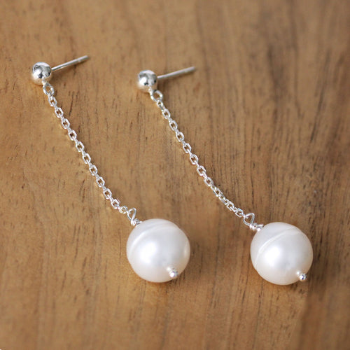 White Pearl Drop Earrings, Sterling Silver