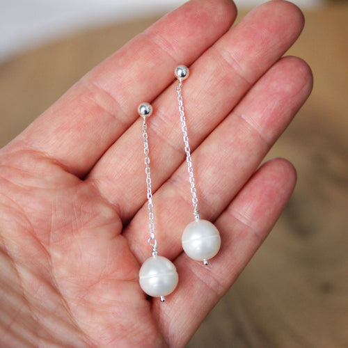 White Pearl Drop Earrings, Sterling Silver
