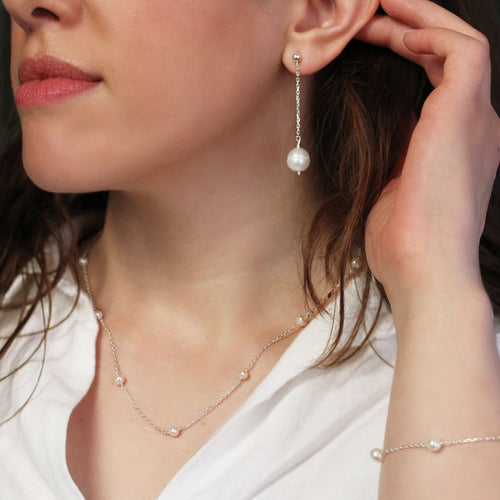 White Pearl Drop Earrings, Sterling Silver